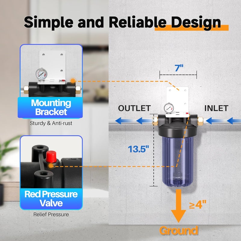 Pure Plus Whole House Water Filter Housing, 10"x4.5" Universal Housing, Pre-Filtration System, with Pressure Gauge, 1" NPT - Image 5